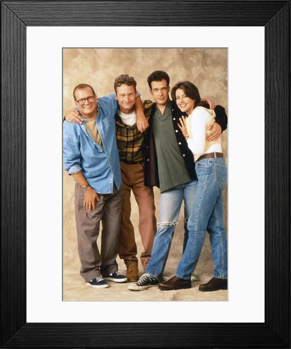 Framed Print : THE DREW CAREY SHOW, from left: Drew Carey, Ryan Stiles, Diedrich Bader, Christa Miller, 1995-2004