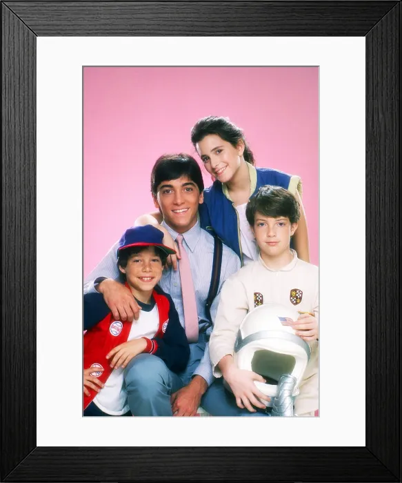 Framed Print : CHARLES IN CHARGE, from left: Michael Pearlman, Scott Baio, April Lerman, Jonathan Ward, 1984, 1984-1990