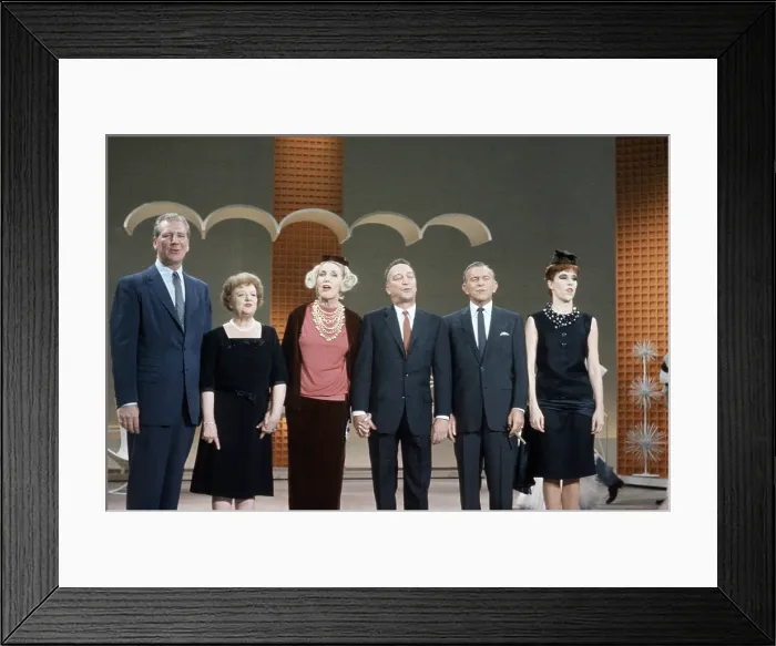 Framed Print : THE GARRY MOORE SHOW, from left: Durward Kirby, Marion Lorne, Kay Thompson, Garry Moore (host), George Burns, Cqrol Burnett, (Season 3, episode 322, aired February 28, 1961)
