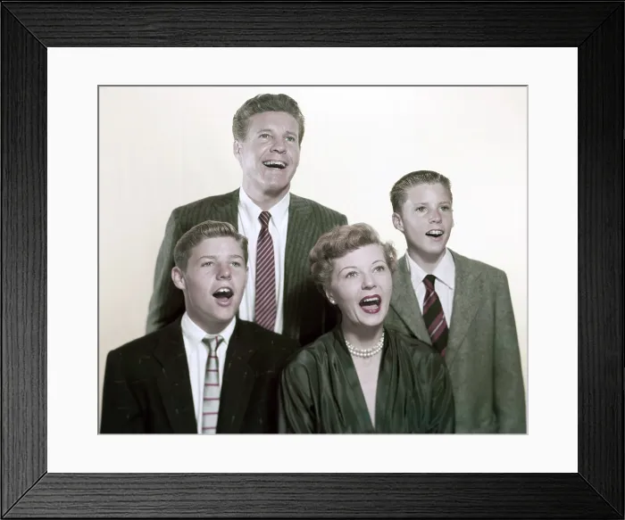 Framed Print : THE ADVENTURES OF OZZIE AND HARRIET, from left: David Nelson, Ozzie Nelson, Harriet Nelson, Ricky Nelson, singing, (1950s), 1952-1966