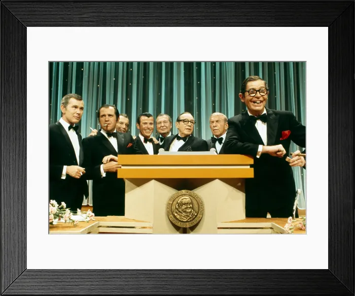 Framed Print : KRAFT MUSIC HALL, from left: Johnny Carson, Alan King, Ed Sullivan, Dennis Day, Phil Harris, Jack Benny, George Burns, Milton Berle, The Friars Club Roasts Jack Benny, 1970 Framed Print : KRAFT MUSIC HALL, from left: Johnny Carson, Alan King, Ed Sullivan, Dennis Day, Phil Harris, Jack Benny, George Burns, Milton Berle, The Friars Club Roasts Jack Benny, 1970