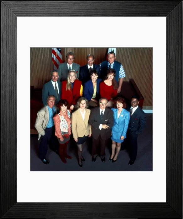 Framed Print : L.A. LAW, front, from left, John Spencer, Susan Ruttan, Susan Dey, Richard Dysart, Jill Eikenberry, Blair Underwood; center, from left, Michael Tucker, Alexandra Powers