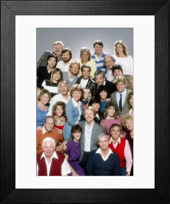 Framed Print : HAPPY DAYS, cast at series finale includes Don Most, Henry Winkler, Anson Williams, Pat Morita, Al Molinaro, Marion Ross, Heather O'Rourke, Erin Moran, Tom Bosley, Ted McGinley Framed Print : HAPPY DAYS, cast at series finale includes Don Most, Henry Winkler, Anson Williams, Pat Morita, Al Molinaro, Marion Ross, Heather O'Rourke, Erin Moran, Tom Bosley, Ted McGinley