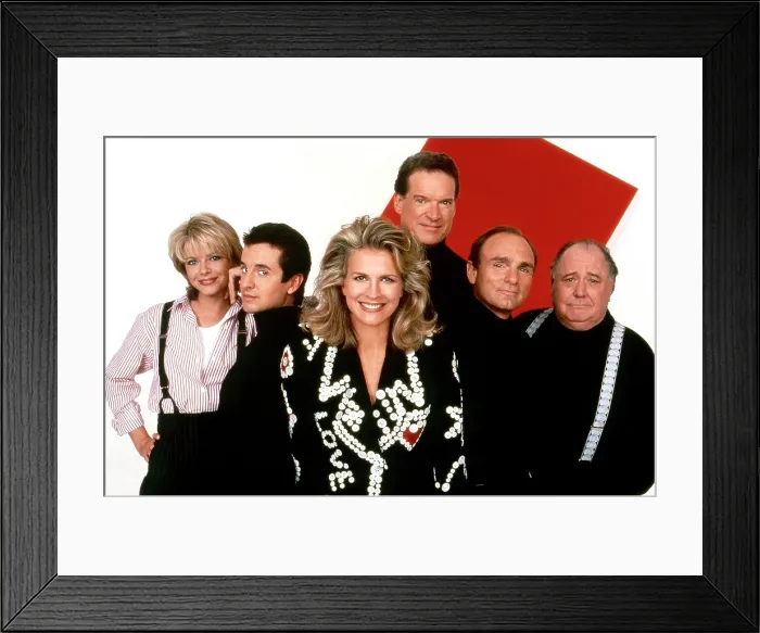 Framed Print : MURPHY BROWN, from left, Faith Ford, Grant Shaud, Candice Bergen, Charles Kimbrough, Joe Regalbuto, Pat Corley, 1988-98 (1995 photo)