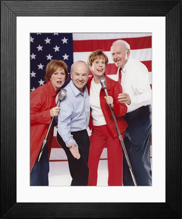 Framed Print : From left: Vicki Lawrence, Tim Conway, Carol Burnett, Harvey Korman celebrate the 25th anniversary of THE CAROL BURNETT SHOW, (it ran from 1967-1978), 2002