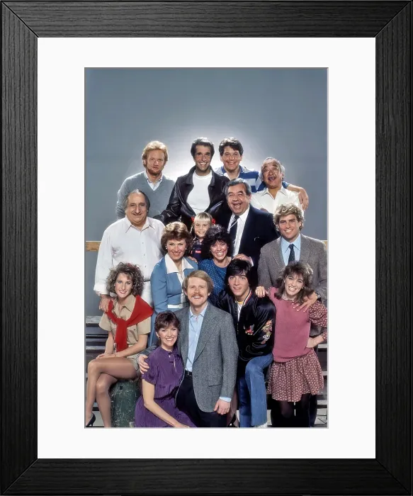 Framed Print : HAPPY DAYS, top from left: Don Most, Henry Winkler, Anson Williams, Pat Morita; middle: Al Molinaro, Marion Ross, Heather O'Rourke, Erin Moran, Tom Bosley