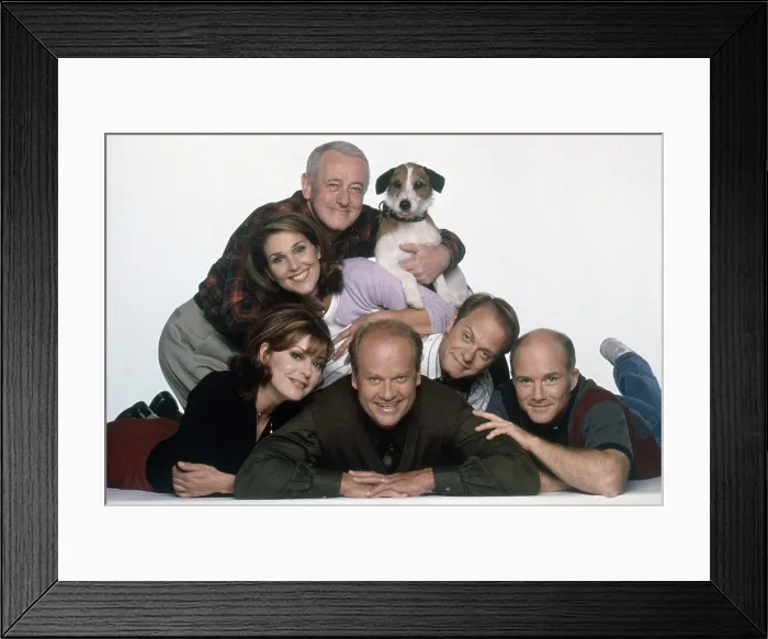Framed Print : FRASIER, clockwise from center bottom: Kelsey Grammer, Jane Leeves, Peri Gilpin, John Mahoney, Eddie the Dog, David Hyde Pierce, Dan Butler, cast shot, 1993-2004 Framed Print : FRASIER, clockwise from center bottom: Kelsey Grammer, Jane Leeves, Peri Gilpin, John Mahoney, Eddie the Dog, David Hyde Pierce, Dan Butler, cast shot, 1993-2004