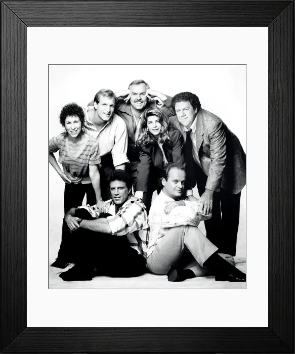 Framed Print : CHEERS, clockwise from lower left, Ted Danson, Rhea Perlman, Woody Harrelson, John Ratzenberger, Kirstie Alley, George Wendt, Kelsey Grammer, 1982-1993 (1988 photo) Framed Print : CHEERS, clockwise from lower left, Ted Danson, Rhea Perlman, Woody Harrelson, John Ratzenberger, Kirstie Alley, George Wendt, Kelsey Grammer, 1982-1993 (1988 photo)