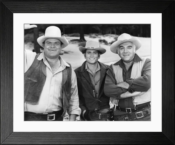 Framed Print : BONANZA, from left: Dan Blocker, Michael Landon, Lorne Greene, (ca. post 1965), 1959-1973