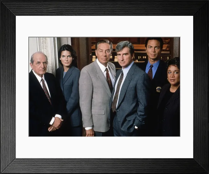 Framed Print : LAW & ORDER, from left: Steven Hill, Angie Harmon, Jerry Ohrbach, Sam Waterston, Benjamin Bratt, S. Epatha Merkerson, (Season 9 cast photo), 1990-2010