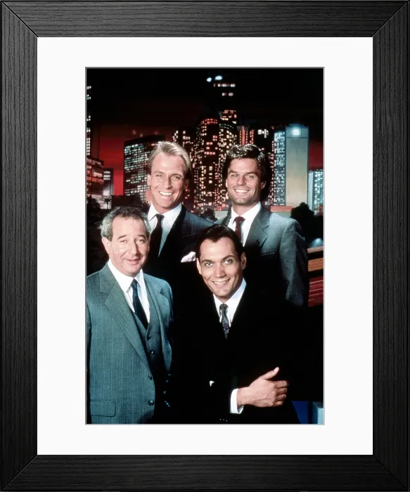 Framed Print : L.A. LAW, clockwise from top left, Corbin Bernsen, Harry Hamlin, Jimmy Smits, Michael Tucker, 1986-94 (ca. 1986 photo) Framed Print : L.A. LAW, clockwise from top left, Corbin Bernsen, Harry Hamlin, Jimmy Smits, Michael Tucker, 1986-94 (ca. 1986 photo)