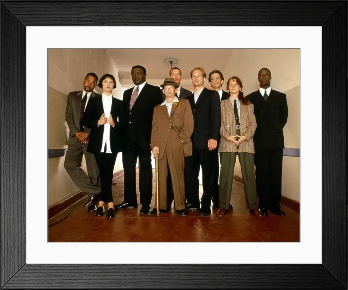 Framed Print : HOMICIDE: LIFE ON THE STREET, from left, Clark Johnson, Michelle Forbes, Yaphet Kotto, Max Perlich, Kyle Secor, Reed Diamond, Richard Belzer, Melissa Leo, Andre Braugher, 1993-99
