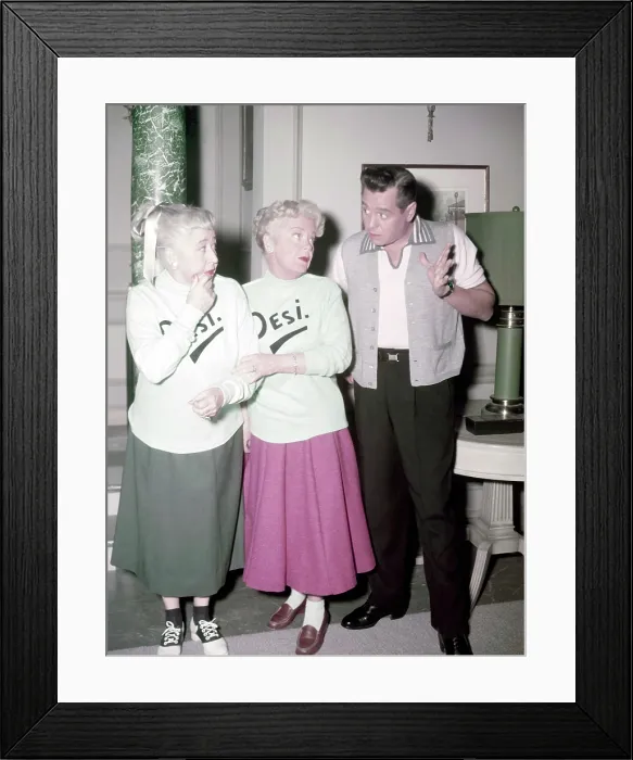 Framed Print : DECEMBER BRIDE, from left: Verna Felton, Spring Byington, Desi Arnaz (producer), on set, publicity shot, 1954-1959