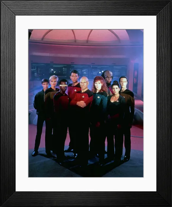 Framed Print : STAR TREK: THE NEXT GENERATION, from left: Wil Wheaton, Denise Crosby, LeVar Burton, Jonathan Frakes, Patrick Stewart, Gates McFadden, Michael Dorn, Marina Sirtis, Brent Spiner