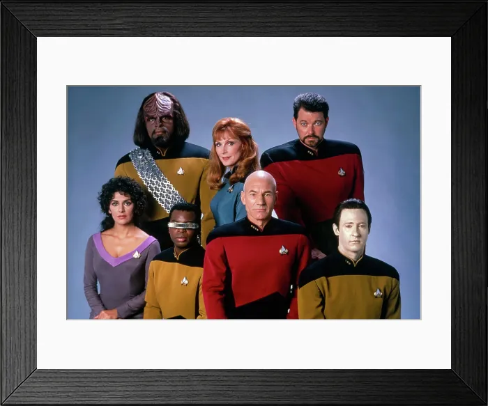 Framed Print : STAR TREK: THE NEXT GENERATION, back from left: Michael Dorn, Gates McFadden, Jonathan Frakes; front from left: Marina Sirtis, LeVar Burton, Patrick Stewart, Brent Spiner, 1987-94
