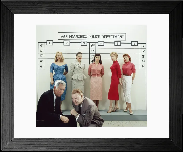 Framed Print : THE LINEUP, in back from left: Dorsey Keaton, Peg Whitman, Pat Hardy, Barbara Eden, Jil Jarmyn. In front, from left: Warner Anderson, Tom Tully, (1958), 1954-1960