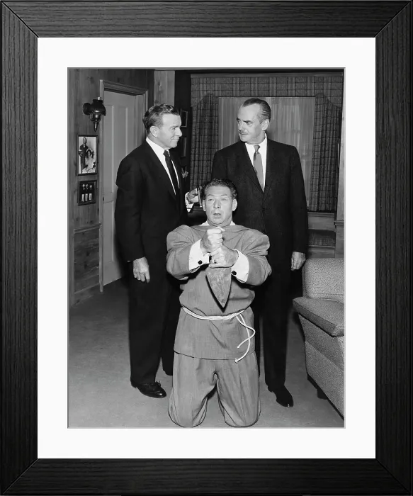 Framed Print : GEORGE BURNS AND GRACIE ALLEN SHOW, from left: George Burns, Harry Von Zell, Larry Keating, The Japanese Texan, (Season 8, episode 820, aired February 17, 1958), 1950-1958