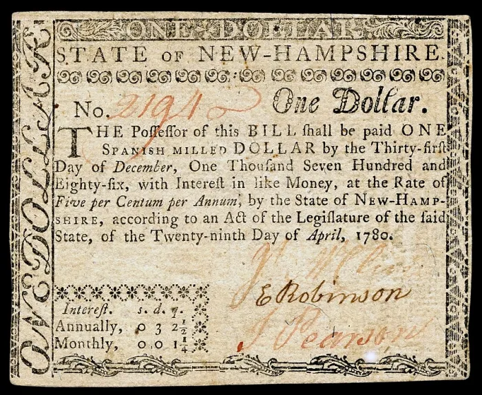 Framed Print : $1 Colonial currency from the former State of New Hampshire. The bill will increase in value by accruing interest over time