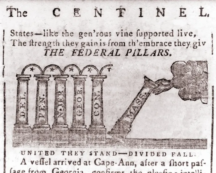Framed Print : 1_The Federal Pillars, a political cartoon from the Massachusetts Centinel shows the Massachusetts column being added to those of Delaware, Pennsylvania, New Jersey, Georgia Framed Print : 1_The Federal Pillars, a political cartoon from the Massachusetts Centinel shows the Massachusetts column being added to those of Delaware, Pennsylvania, New Jersey, Georgia