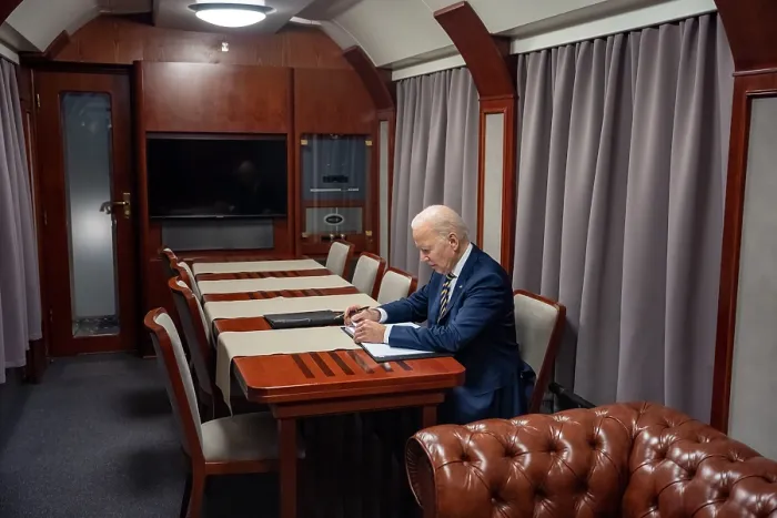 Framed Print : During his 10 hour train ride from Kyiv back to the Polish border, President Joe Biden works on a speech he will deliver in Warsaw Framed Print : During his 10 hour train ride from Kyiv back to the Polish border, President Joe Biden works on a speech he will deliver in Warsaw
