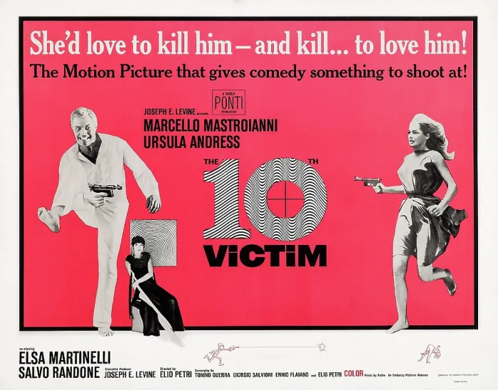 Framed Print : THE 10TH VICTIM, (aka THE TENTH VICTIM, aka LA DECIMA VITTIMA), US poster, from left: Marcello Mastroianni, Elsa Martinelli, Ursula Andress, 1965