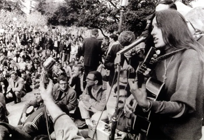 Framed Print : 12-2-64 BERKELEY, CALIf.: Folk singer Joan Baez strums her guitar and sings freedom songs during a sit-in at the University of California at Berkeley Framed Print : 12-2-64 BERKELEY, CALIf.: Folk singer Joan Baez strums her guitar and sings freedom songs during a sit-in at the University of California at Berkeley