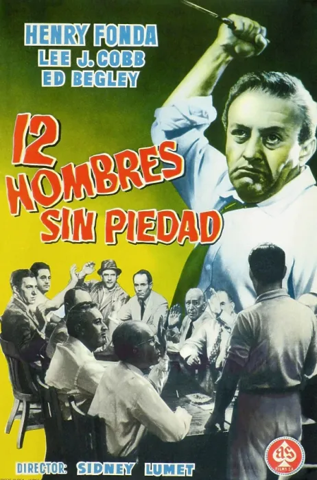 Framed Print : 12 ANGRY MEN, (aka TWELVE ANGRY MEN, aka 12 HOMBRES SIN PIEDAD), top: Lee J. Cobb, bottom second from left: Jack Klugman, bottom center: Henry Fonda on Spanish poster art, 1957