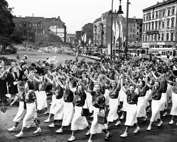 Framed Print : 15, 000 East German teenage girls parade through the Soviet sector of Berlin. They marched for the Day of Progressive Woman celebration