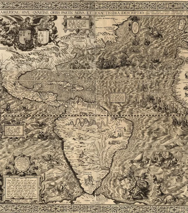 Framed Print : 1562 map of North and South America by Spaniard, Diego Gutirrez. Map features not only the Amazon River system, Lake Titicaca, and an erupting volcano in central Mexico Framed Print : 1562 map of North and South America by Spaniard, Diego Gutirrez. Map features not only the Amazon River system, Lake Titicaca, and an erupting volcano in central Mexico