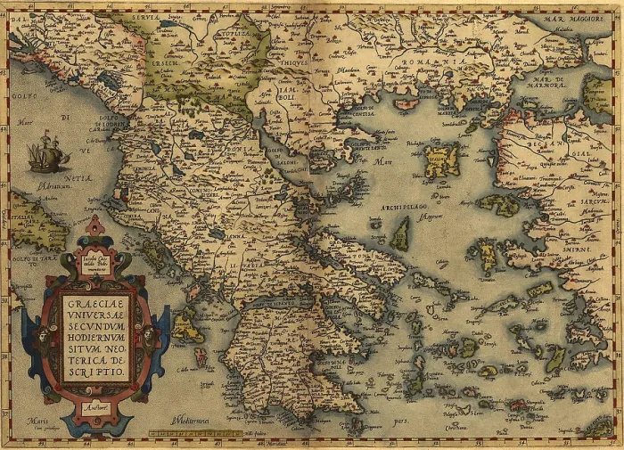 Framed Print : 1570 map of Greece, then under the rule of the Ottoman Empire. From Abraham Ortelius, Theatrvm orbis terrarvm