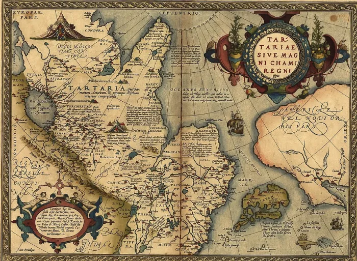 Framed Print : 1570 map of 'Tartaria' spanning all of Northern Asia from the Ural Mountains to the Pacific Ocean. From Abraham Ortelius, Theatrvm orbis terrarvm
