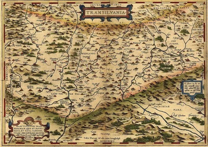 Framed Print : 1570 map of Transylvania, now the western part of Romania and the legendary home of the vampire Dracula. From Abraham Ortelius, Theatrvm orbis terrarvm