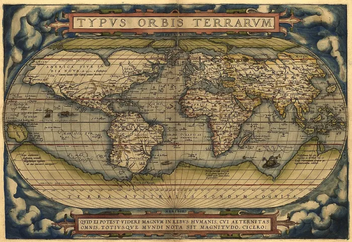 Framed Print : 1570 map of the World. Australia is depicted as a large south polar continent. From Abraham Ortelius atlas, 'Theatrvm orbis terrarvm.' Framed Print : 1570 map of the World. Australia is depicted as a large south polar continent. From Abraham Ortelius atlas, 'Theatrvm orbis terrarvm.'