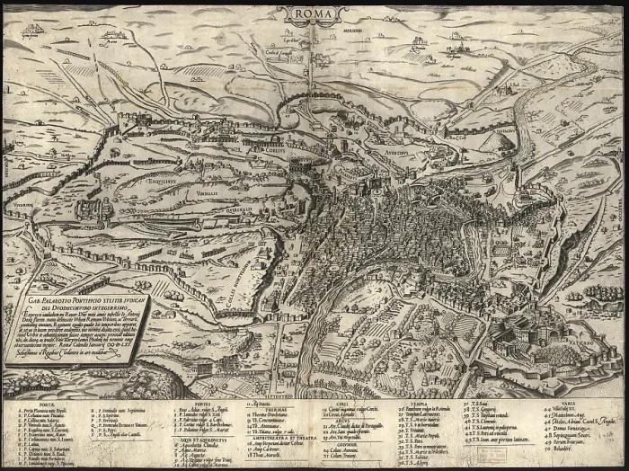 Framed Print : 1575 view of Rome, showing major ancient and Renaissance monuments, and landmarks including the Castel St, Angelo, Coloseum, Pantheon, St Framed Print : 1575 view of Rome, showing major ancient and Renaissance monuments, and landmarks including the Castel St, Angelo, Coloseum, Pantheon, St