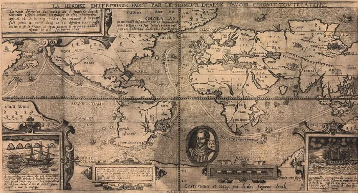Framed Print : 1581 map by Nicola van Sype, showing the Drake circumnavigation (1577-80) as a dotted line Framed Print : 1581 map by Nicola van Sype, showing the Drake circumnavigation (1577-80) as a dotted line
