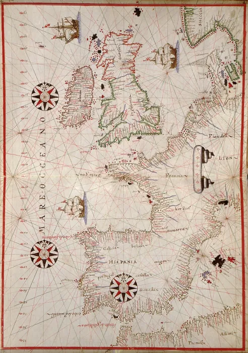Framed Print : 1590 nautical map of wesern Europe, detailing coast of Spain, Portugal, France, Britain, Flanders, and Scandinavia Framed Print : 1590 nautical map of wesern Europe, detailing coast of Spain, Portugal, France, Britain, Flanders, and Scandinavia