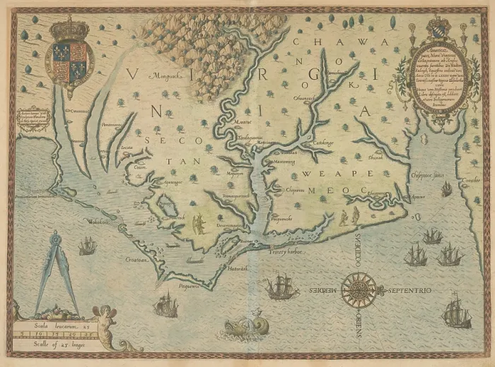 Framed Print : A 1595 map of the coast of Virginia and present-day North Carolina, from Chesapeake Bay (Chesepiooc Sinus) at far right, to Cape Lookout at far left
