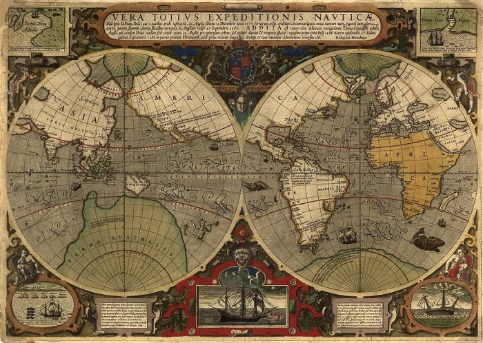 Framed Print : 1595 world map shows routes around the world of Sir Francis Drake between (1577-80) and Thomas Cavendish between (1586-88) Framed Print : 1595 world map shows routes around the world of Sir Francis Drake between (1577-80) and Thomas Cavendish between (1586-88)