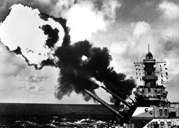 Framed Print : 16 inch guns of the USS IOWA firing during World War 2 battle drill in the Pacific. Ca. 1944. (BSLOC_2013_11_193)