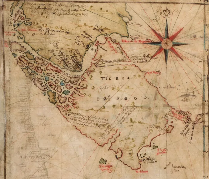 Framed Print : 1630 map of Strait of Magellan, at the southern tip of South America, was discovered in 1530 by Ferdinand Magellan