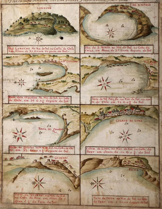 Framed Print : 1630 views of ports of Peru and Chile, including Lima, Peru and Concepcion, Chile