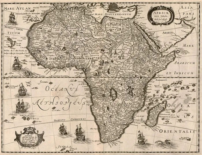 Framed Print : 1640 map of Africa showing geographic and cultural places, with detail of mountains, river, lakes, animals, and ocean going European ships Framed Print : 1640 map of Africa showing geographic and cultural places, with detail of mountains, river, lakes, animals, and ocean going European ships