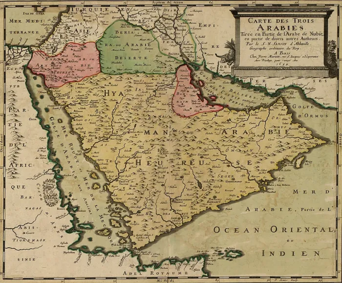 Framed Print : 1654 French map of Arabian Peninsula by Nicolas Sanson. At center top is 'Yerack, ' present day Iraq. Bahrain has clear borders. Mecca is included