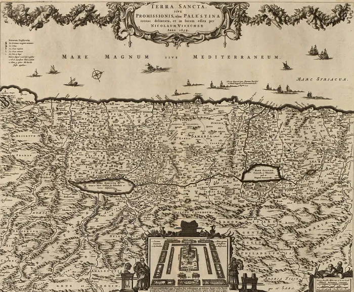 Framed Print : 1659 map of Palestine with a symbolic illustration of the twelve Tribes of Israel surrounding a temple complex