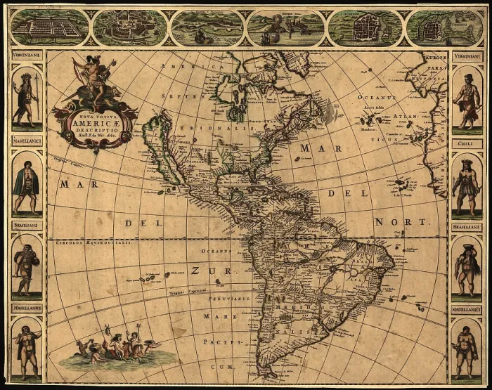 Framed Print : 1660 map of the Western Hemisphere, indicating the geographic knowledge and European settlement. California is shown as an island, and Northwestern North America is undefined