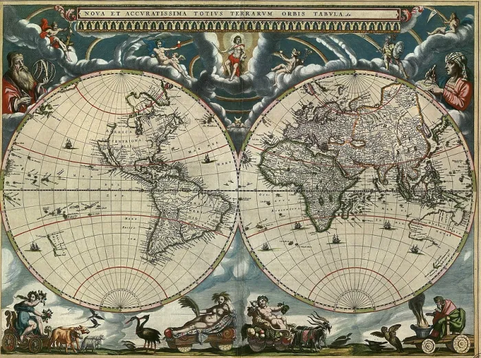 Framed Print : 1664 Dutch world map is richly decorated, and clearly shows the east and west hemispheres. Polar regions are undefined, indicating the limits of 17th century geographic knowledge