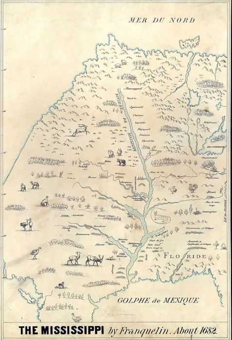 Framed Print : 1682 French map of the Mississippi River and region, showing locations of Native American settlements, animals and tributaries Framed Print : 1682 French map of the Mississippi River and region, showing locations of Native American settlements, animals and tributaries