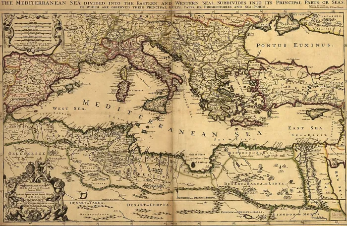 Framed Print : 1685 map of the Mediterranean Sea and coastal lands Framed Print : 1685 map of the Mediterranean Sea and coastal lands