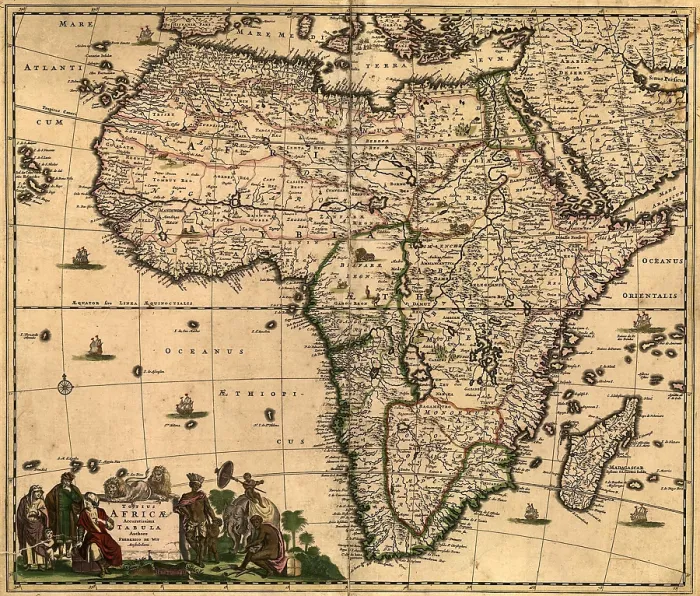 Framed Print : 1688 map of Africa, densely filled with place names and key regions, many of which employ modern names: Angola, Benin, Biafra, Guinea, Zaire, Madagascar, and Morocco