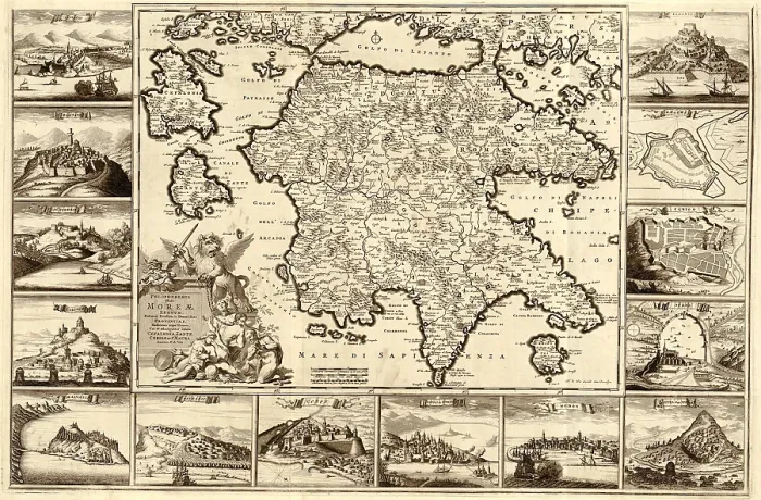 Framed Print : 1688 map of Peloponnesian Peninsula of southern Greece